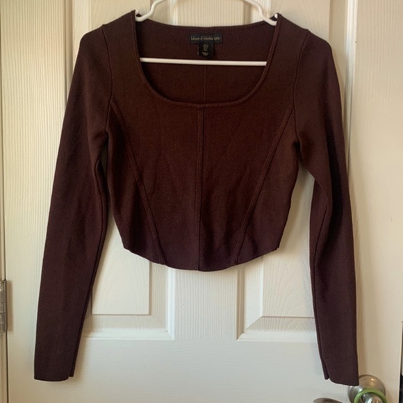 House Of Harlow 1960 Knit Rib Stretch Crop long sleeve Top Small Mocha brown - Picture 2 of 9
